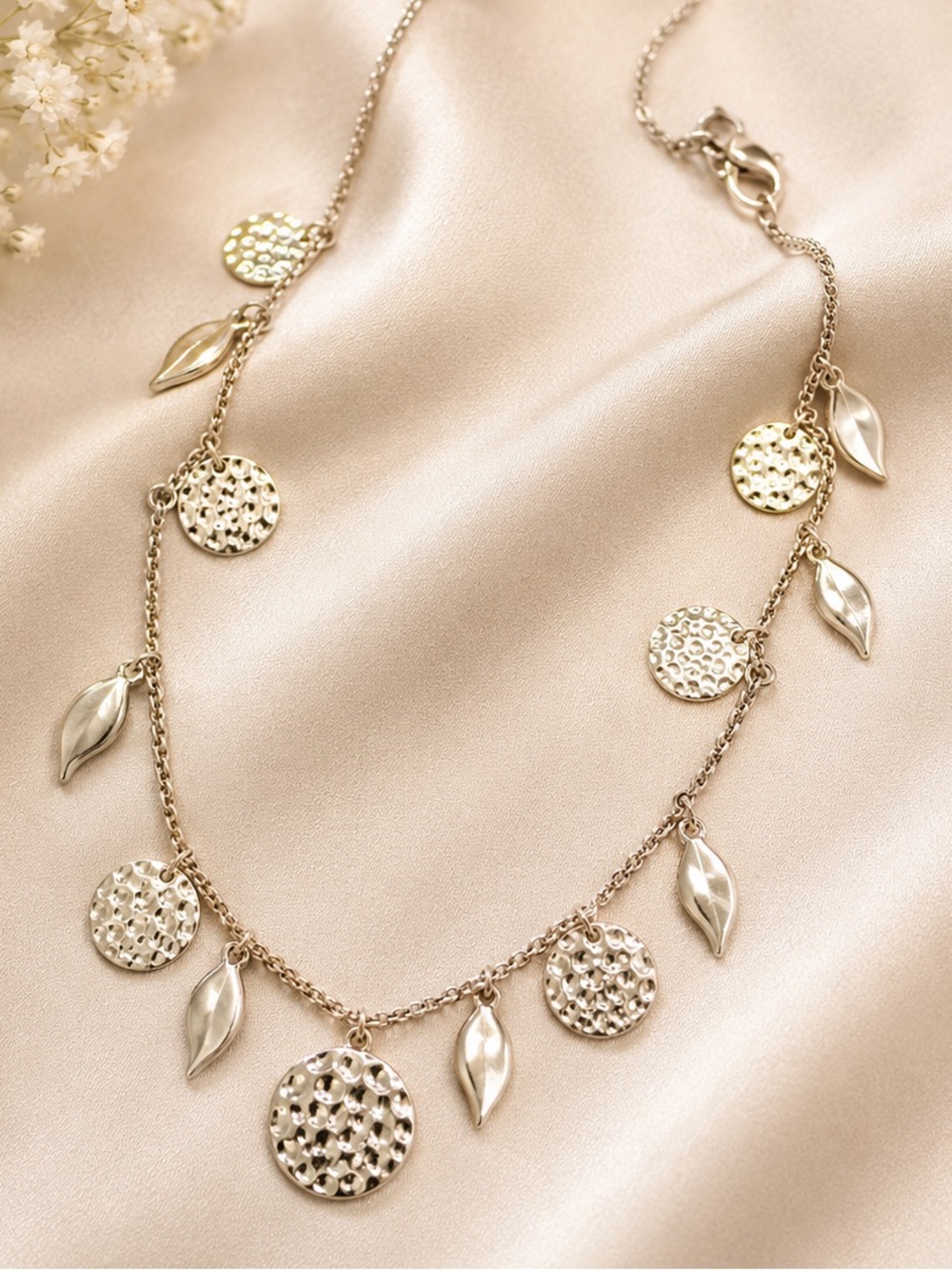 NEW Elegant Silver Necklace with Leaf and Disc Charms